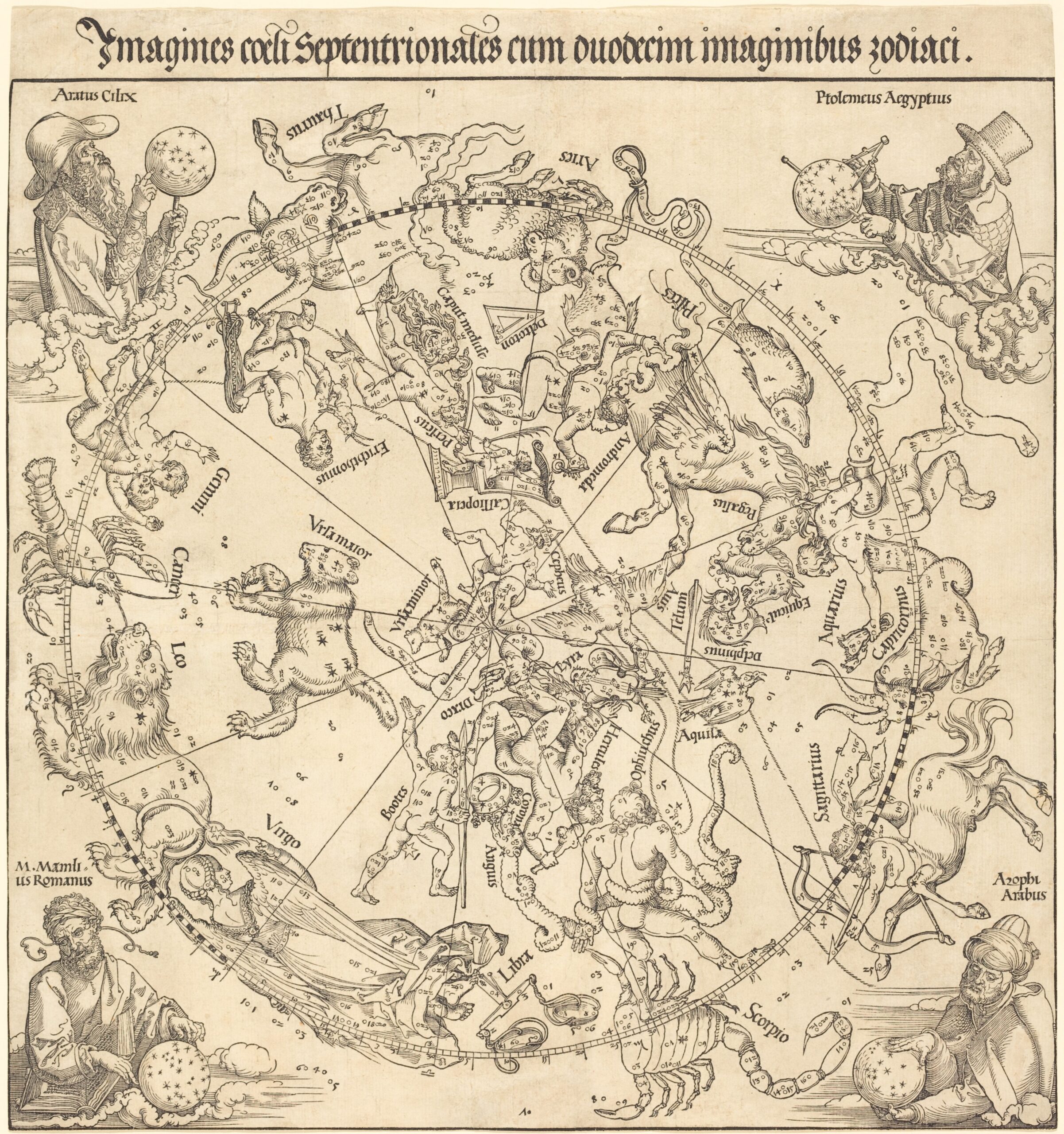 Albrecht Dürer’s northern celestial hemisphere, with constellation figures in a circular star chart and astronomers at the corners.