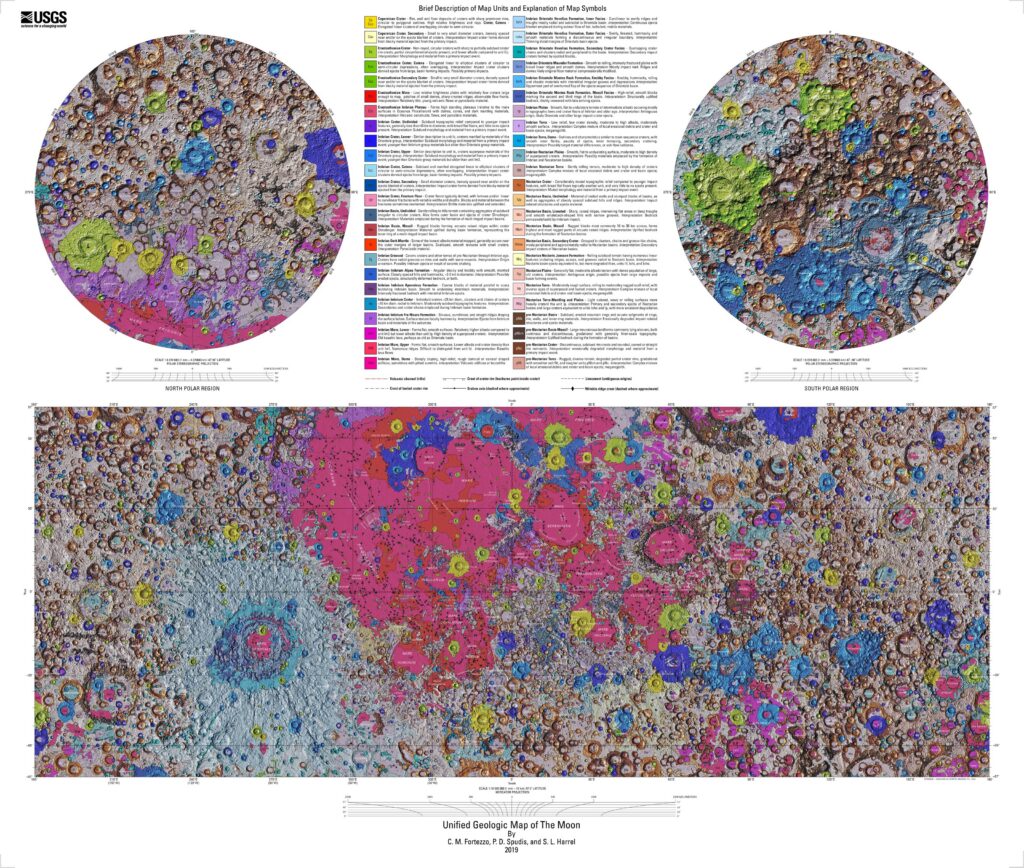 Unified Geologic Map of the Moon, with colored geologic units across both hemispheres, legend, and explanatory text.