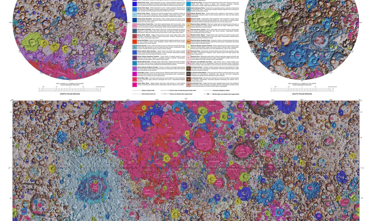 Unified Geologic Map of the Moon, with colored geologic units across both hemispheres, legend, and explanatory text.