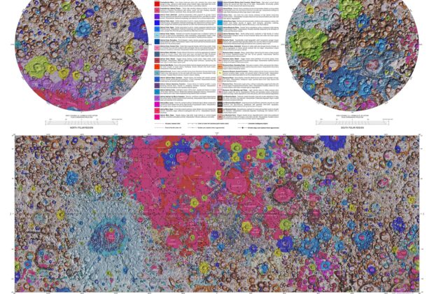 Unified Geologic Map of the Moon, with colored geologic units across both hemispheres, legend, and explanatory text.