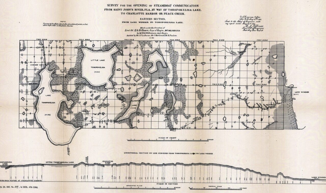 Historic route map and longitudinal section of the surveyed steamboat connection between Lake Winder and Tohopekaliga Lake, Florida.
