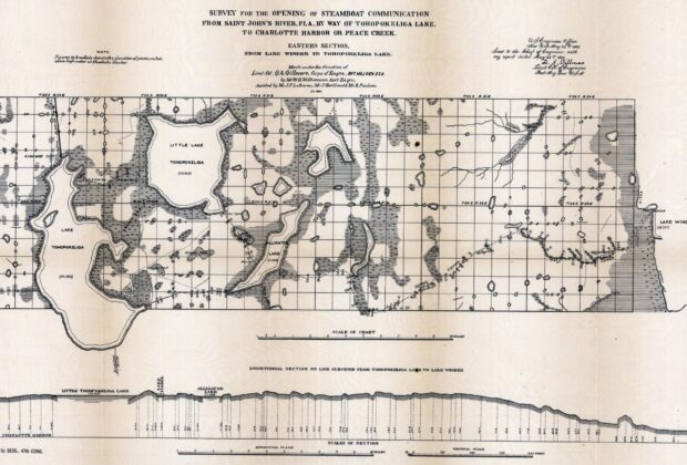 Historic route map and longitudinal section of the surveyed steamboat connection between Lake Winder and Tohopekaliga Lake, Florida.