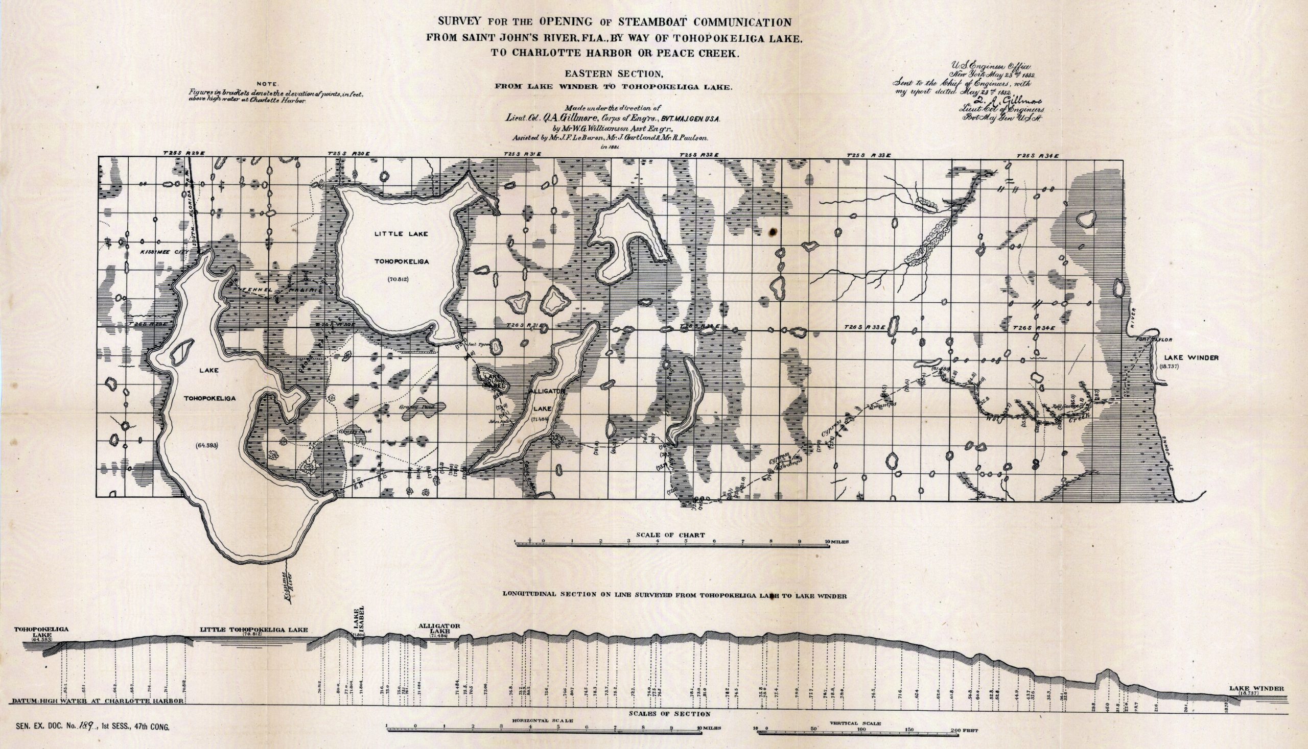 Historic route map and longitudinal section of the surveyed steamboat connection between Lake Winder and Tohopekaliga Lake, Florida.