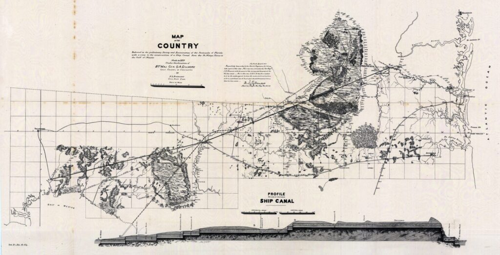 Survey map of peninsular Florida showing the proposed ship canal from St. Mary’s River to the Gulf of Mexico.