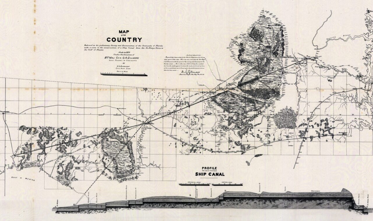 Survey map of peninsular Florida showing the proposed ship canal from St. Mary’s River to the Gulf of Mexico.