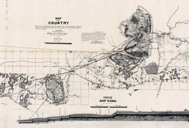 Survey map of peninsular Florida showing the proposed ship canal from St. Mary’s River to the Gulf of Mexico.