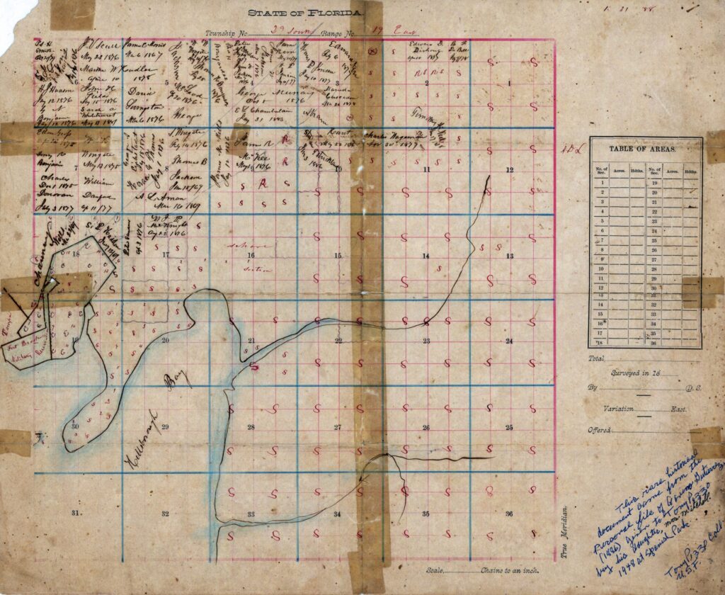 Historic map of the Ybor City area of Tampa, Florida, identifying landowners, surveyed sections, water features, and settlements.