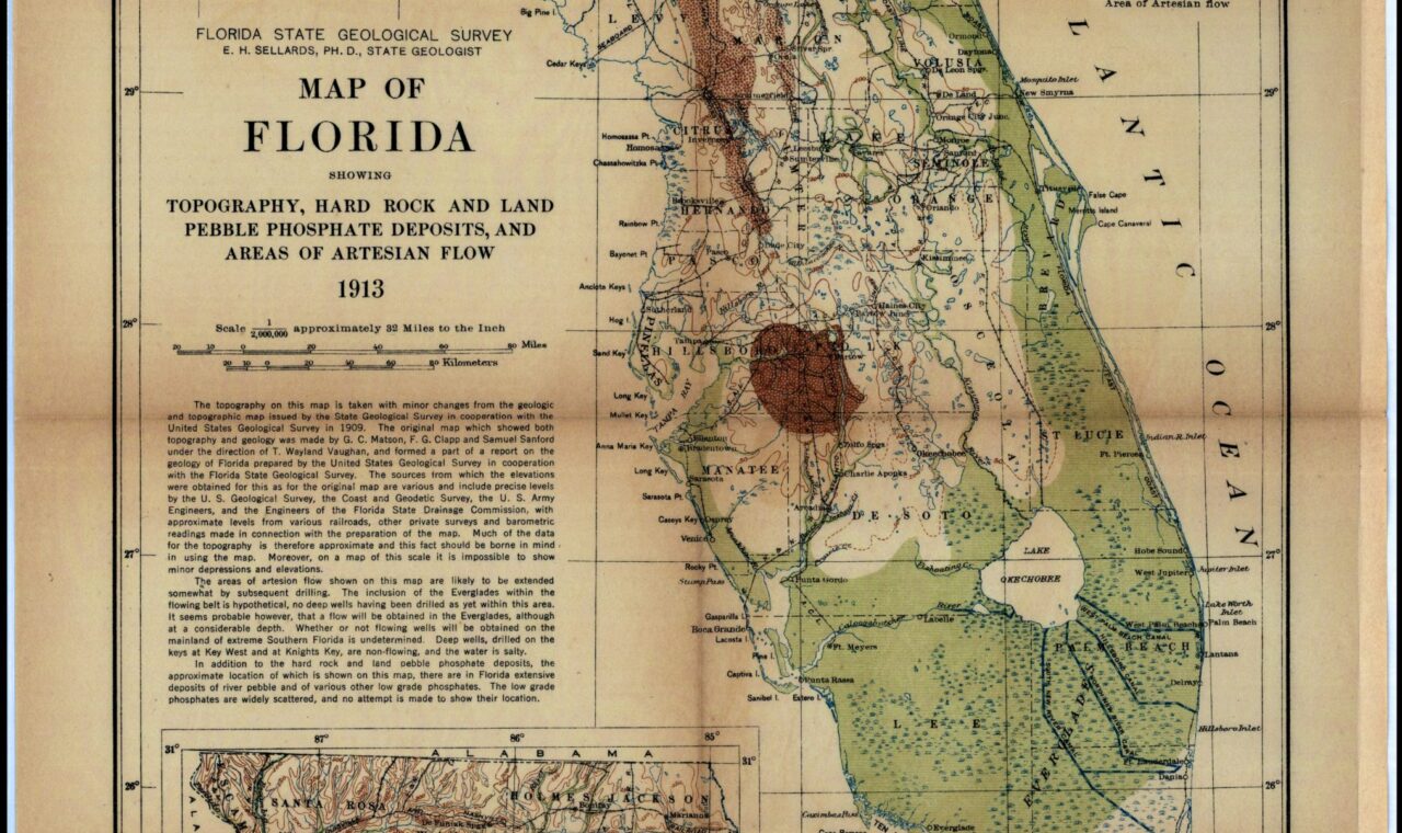 Historic geological map of Florida showing geological formations across the state.