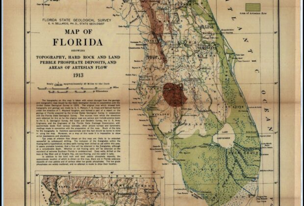 Historic geological map of Florida showing geological formations across the state.