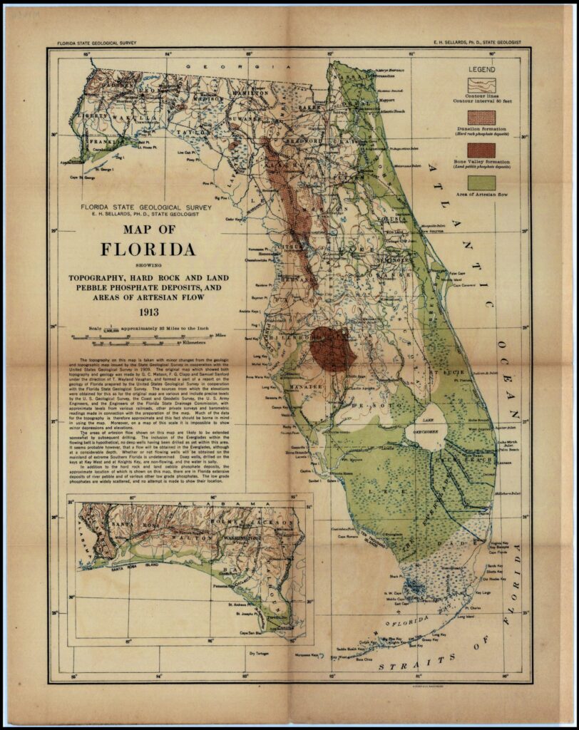 Historic geological map of Florida showing geological formations across the state.