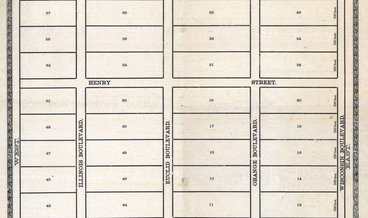Historic plat dividing the east half of Section 1, Township 7, Range 24 East into five-acre orange grove parcels.