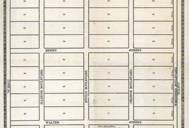 Historic plat dividing the east half of Section 1, Township 7, Range 24 East into five-acre orange grove parcels.