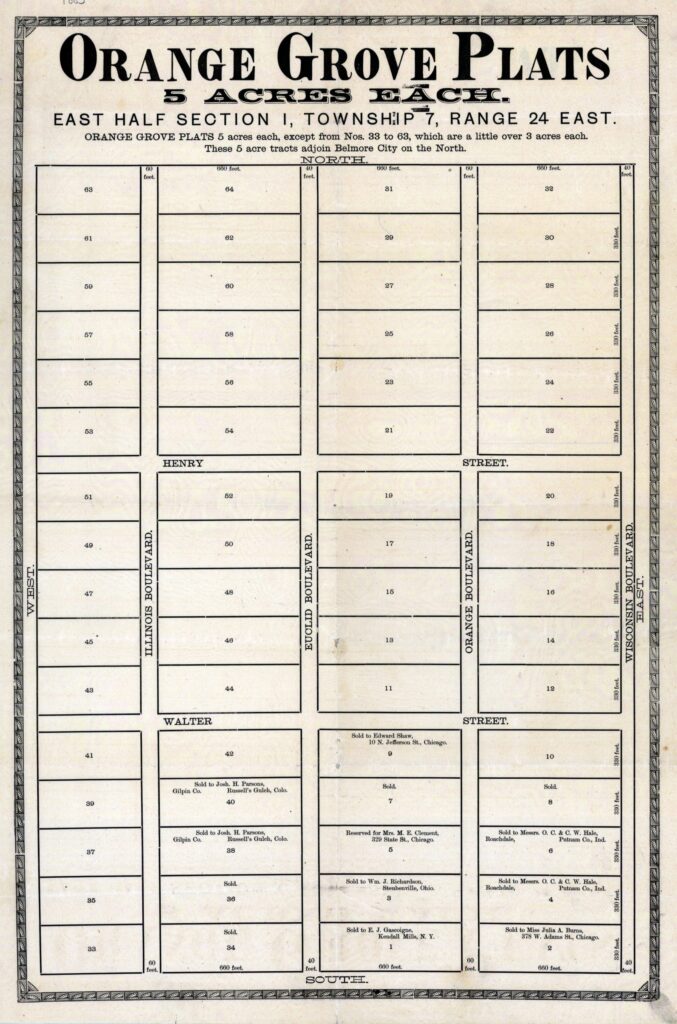 Historic plat dividing the east half of Section 1, Township 7, Range 24 East into five-acre orange grove parcels.