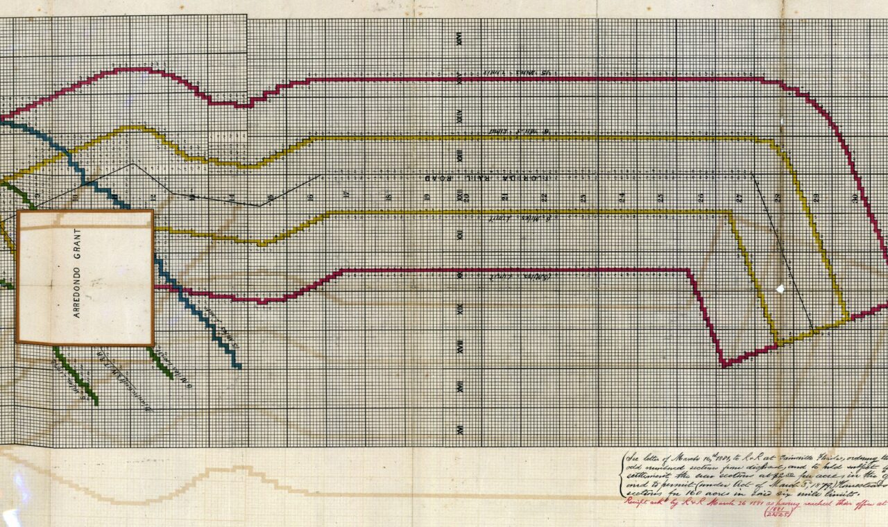 Historical Florida Railroad Company map showing numbered land sections available for homesteading.