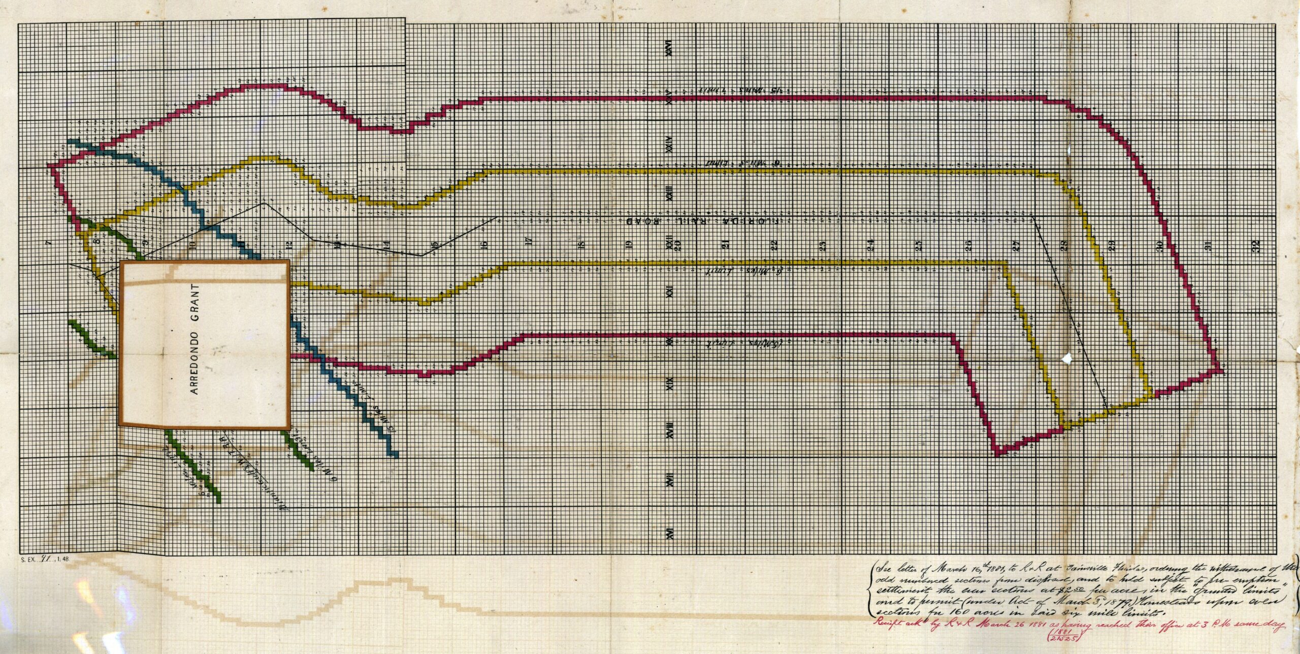 Historical Florida Railroad Company map showing numbered land sections available for homesteading.