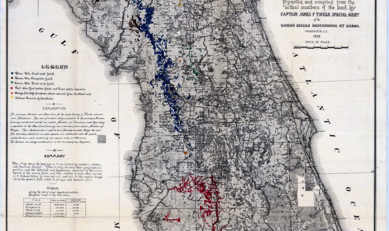 Historical map of Florida showing phosphate fields, towns, waterways, and railroads.