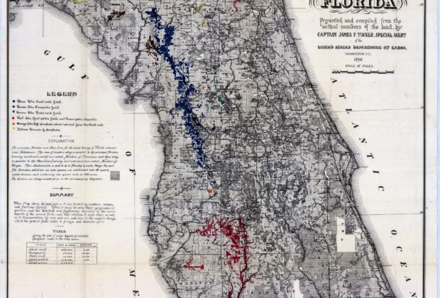 Historical map of Florida showing phosphate fields, towns, waterways, and railroads.