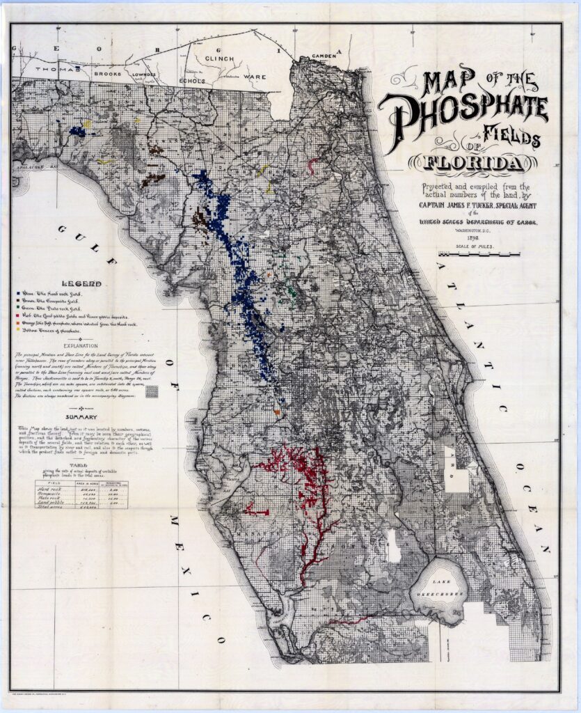 Historical map of Florida showing phosphate fields, towns, waterways, and railroads.