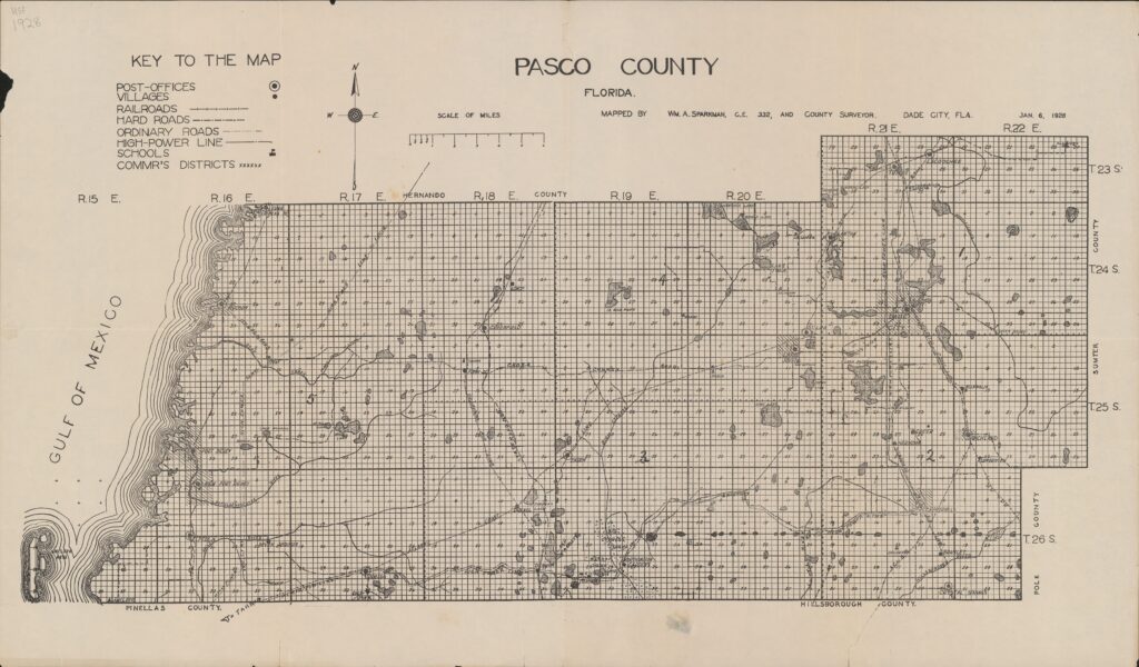 Historical map of Pasco County, Florida, showing roads, railroads, settlements, and the township-and-range grid.
