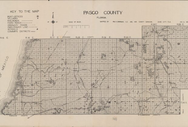 Historical map of Pasco County, Florida, showing roads, railroads, settlements, and the township-and-range grid.