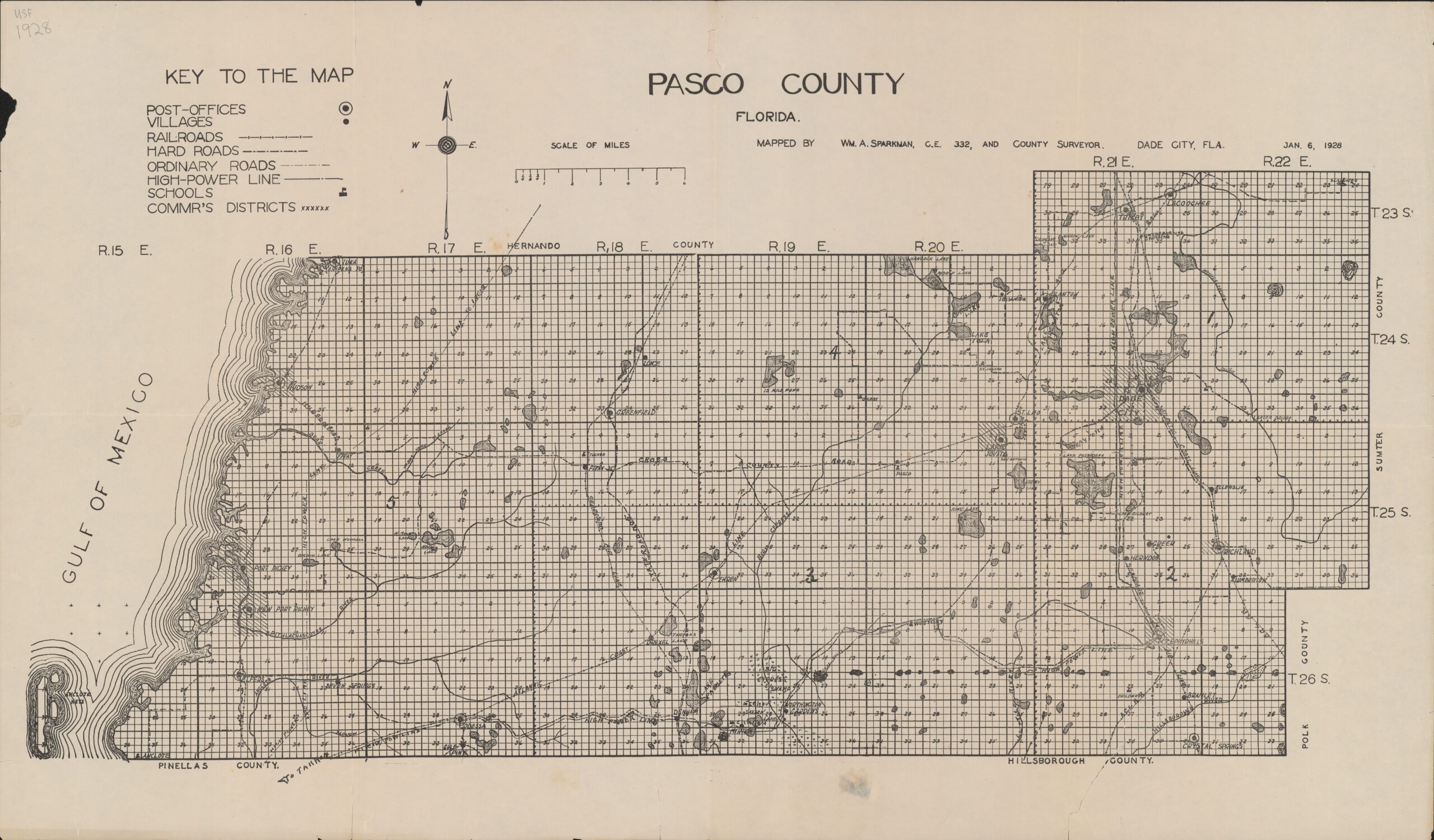 Historical map of Pasco County, Florida, showing roads, railroads, settlements, and the township-and-range grid.