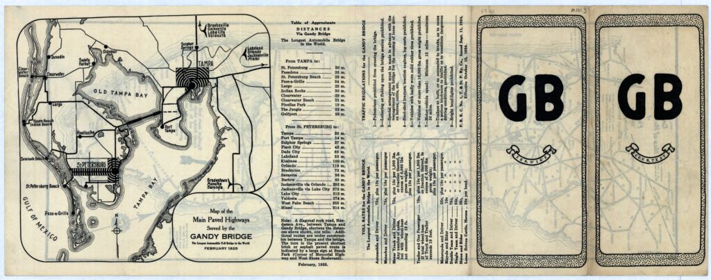 Historical road map showing the paved highways served by the Gandy Bridge across Tampa Bay.