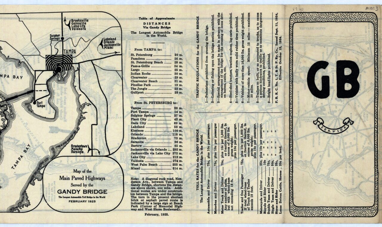 Historical road map showing the paved highways served by the Gandy Bridge across Tampa Bay.