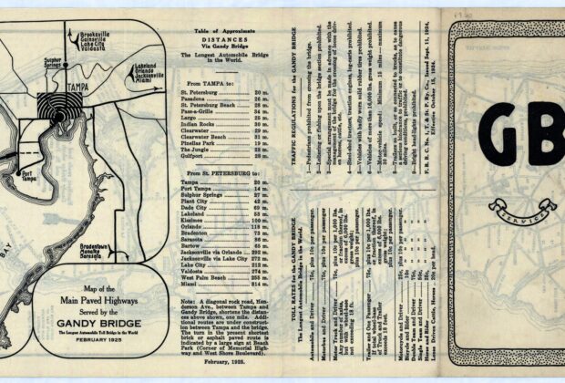 Historical road map showing the paved highways served by the Gandy Bridge across Tampa Bay.