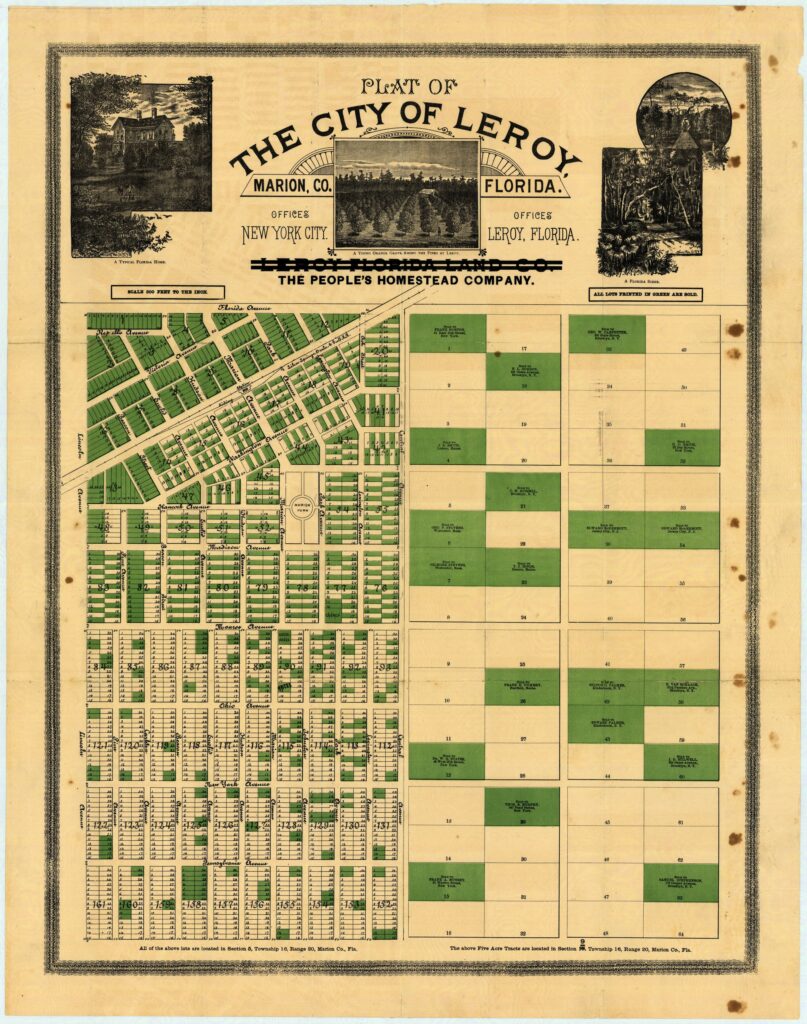 Historical plat of the city of Leroy in Marion County, Florida, showing its street and parcel layout.