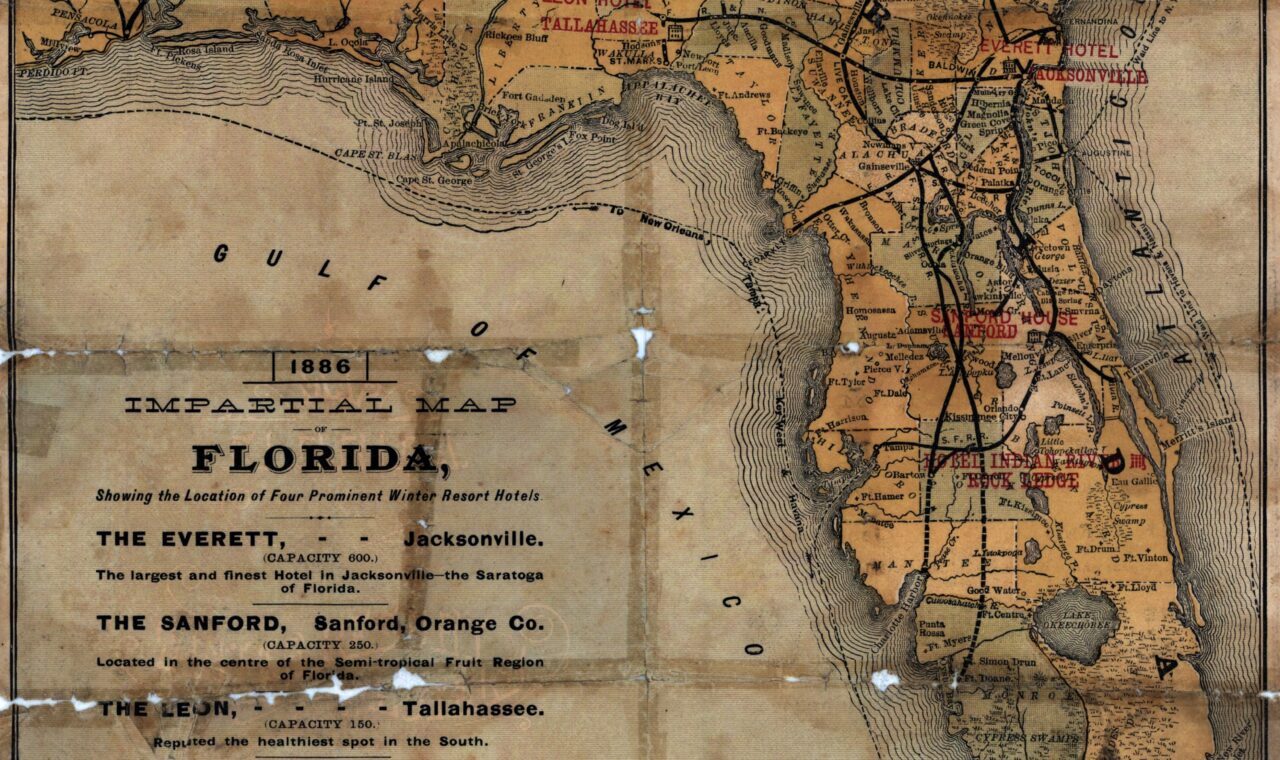 Historical map of Florida marking the locations of four prominent winter resort hotels.