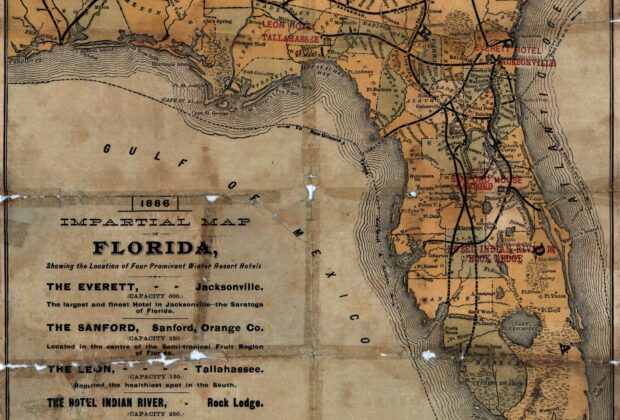 Historical map of Florida marking the locations of four prominent winter resort hotels.