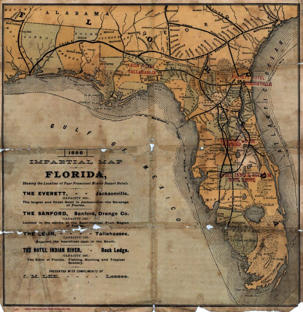 Historical map of Florida marking the locations of four prominent winter resort hotels.