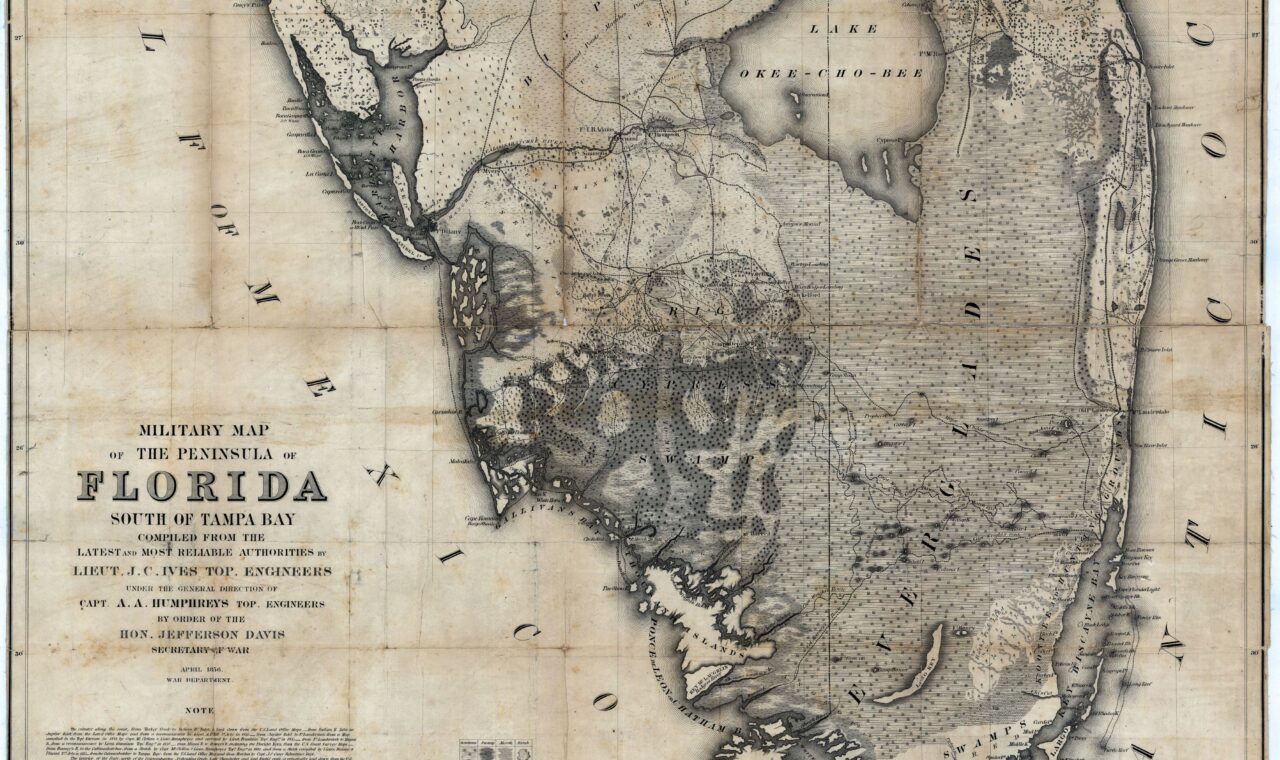 Historic military map of the Florida peninsula south of Tampa Bay, prepared in 1856.