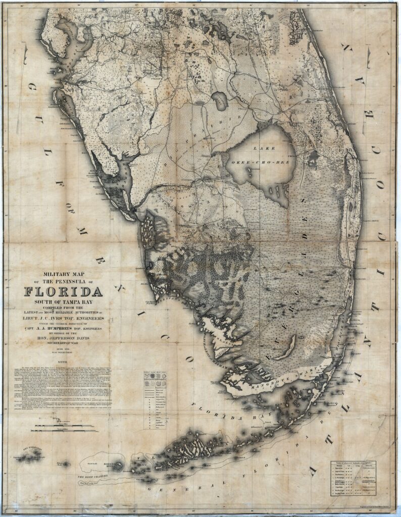 Historic military map of the Florida peninsula south of Tampa Bay, prepared in 1856.