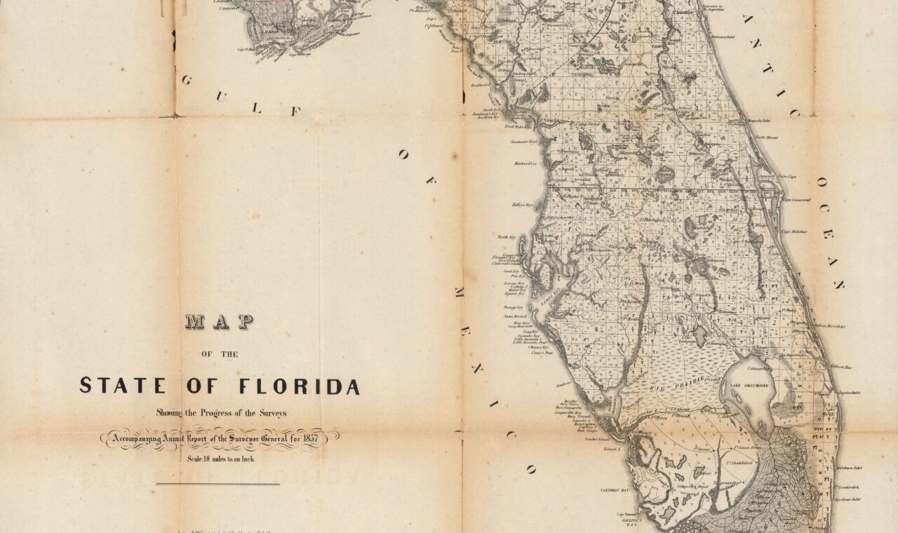 Historic map of Florida showing the progress of surveys across the state.