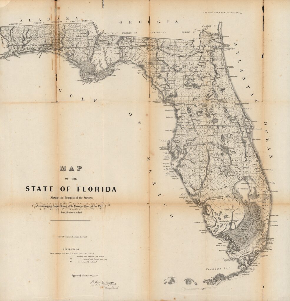 Historic map of Florida showing the progress of surveys across the state.