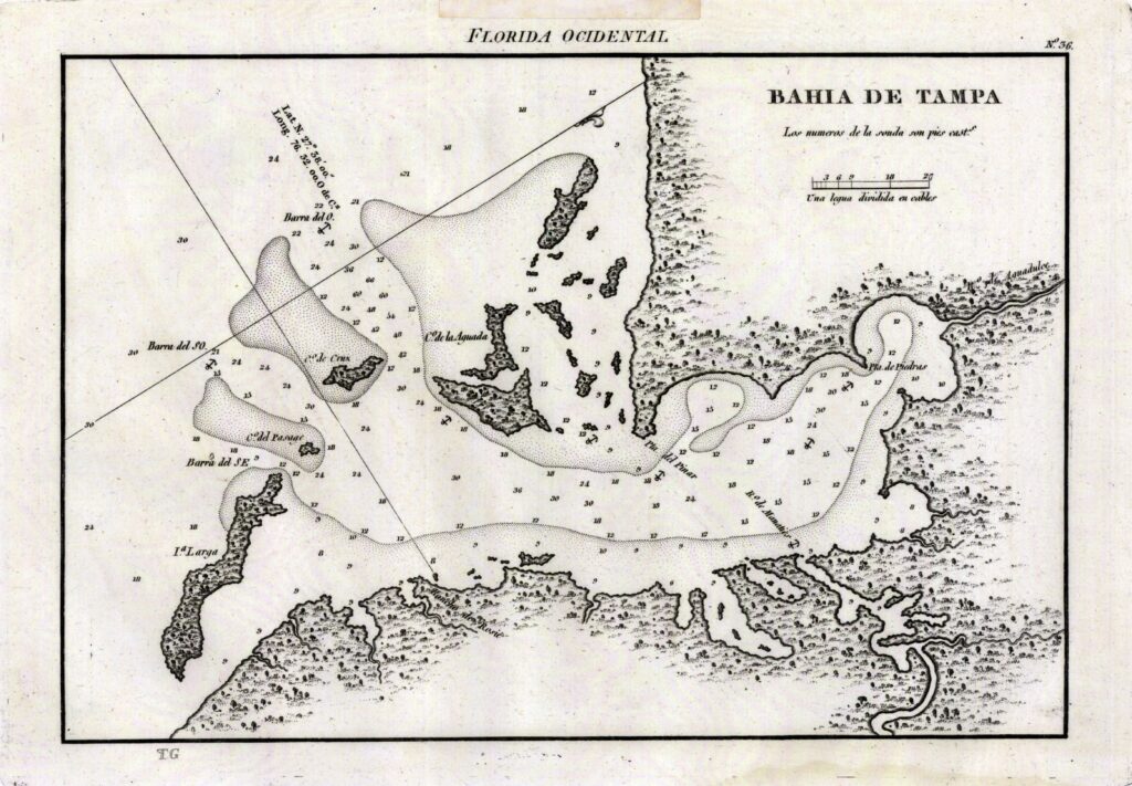 Historic Spanish-language nautical chart of Tampa Bay, titled Bahía de Tampa.