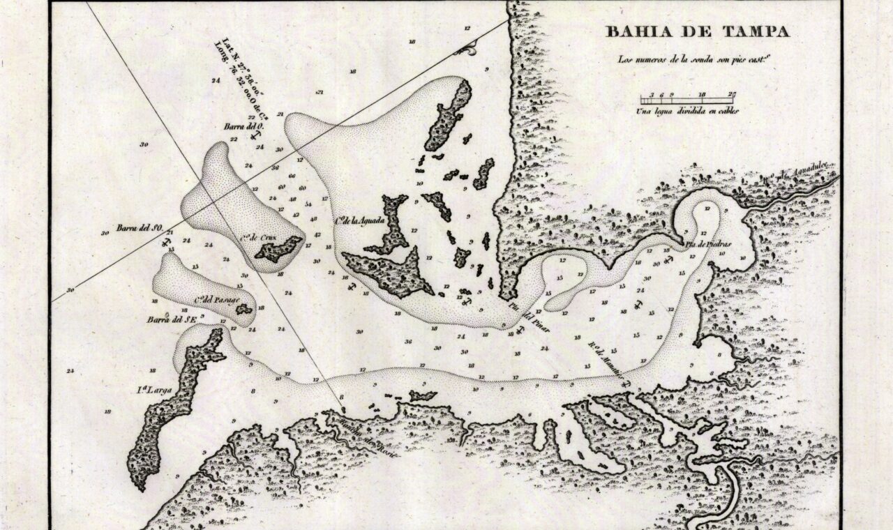 Historic Spanish-language nautical chart of Tampa Bay, titled Bahía de Tampa.