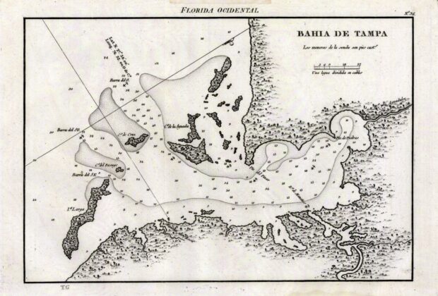 Historic Spanish-language nautical chart of Tampa Bay, titled Bahía de Tampa.