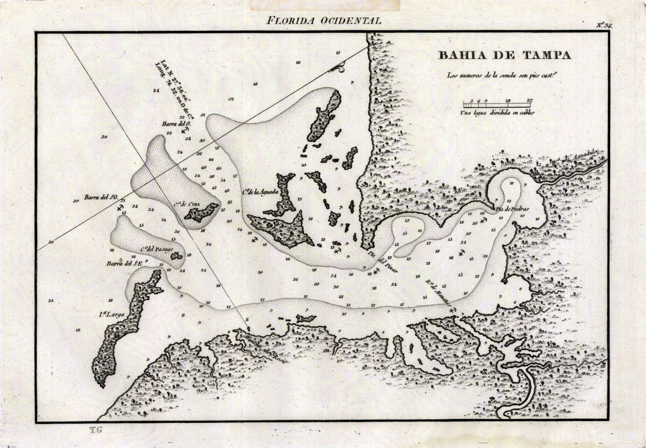 Historic Spanish-language nautical chart of Tampa Bay, titled Bahía de Tampa.