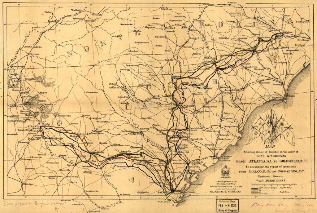 Historic map tracing General W. T. Sherman’s army marches from Atlanta, Georgia, to Goldsboro, North Carolina.