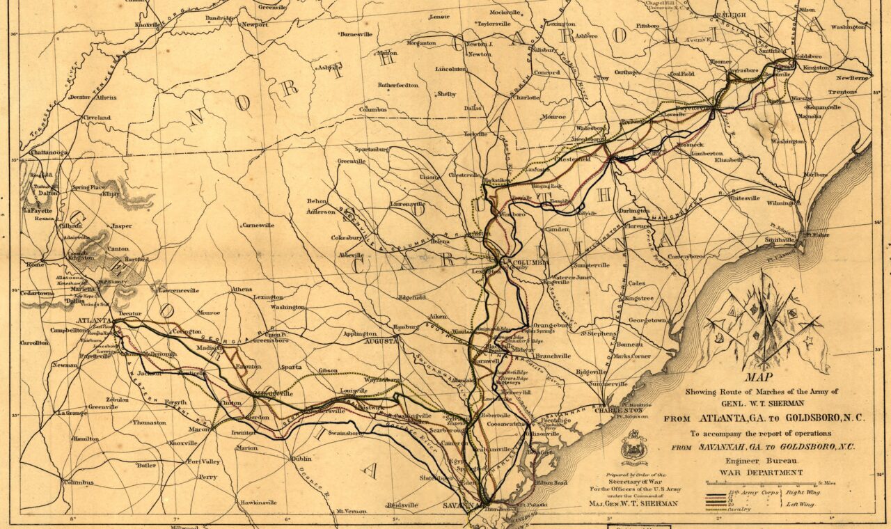 Historic map tracing General W. T. Sherman’s army marches from Atlanta, Georgia, to Goldsboro, North Carolina.