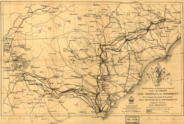 Historic map tracing General W. T. Sherman’s army marches from Atlanta, Georgia, to Goldsboro, North Carolina.