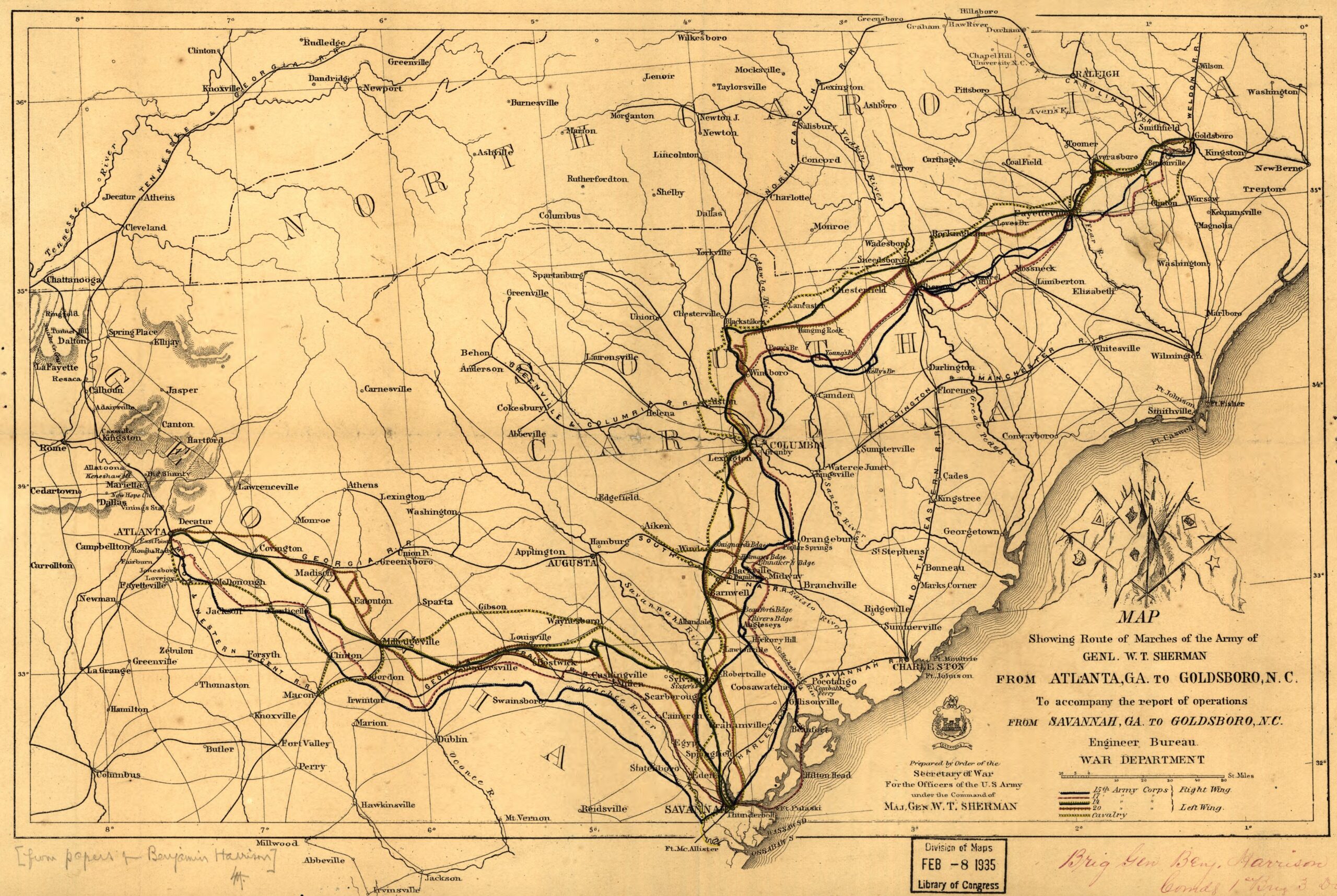 Historic map tracing General W. T. Sherman’s army marches from Atlanta, Georgia, to Goldsboro, North Carolina.