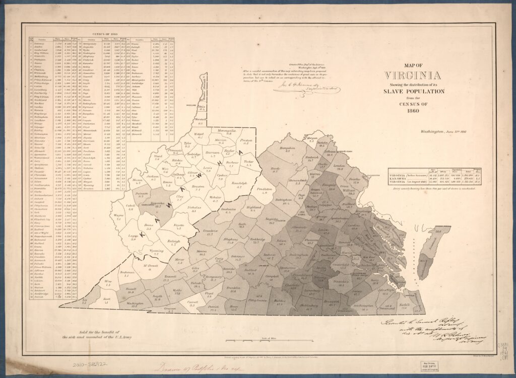 Historical map of Virginia showing the distribution of enslaved people using the 1860 census.