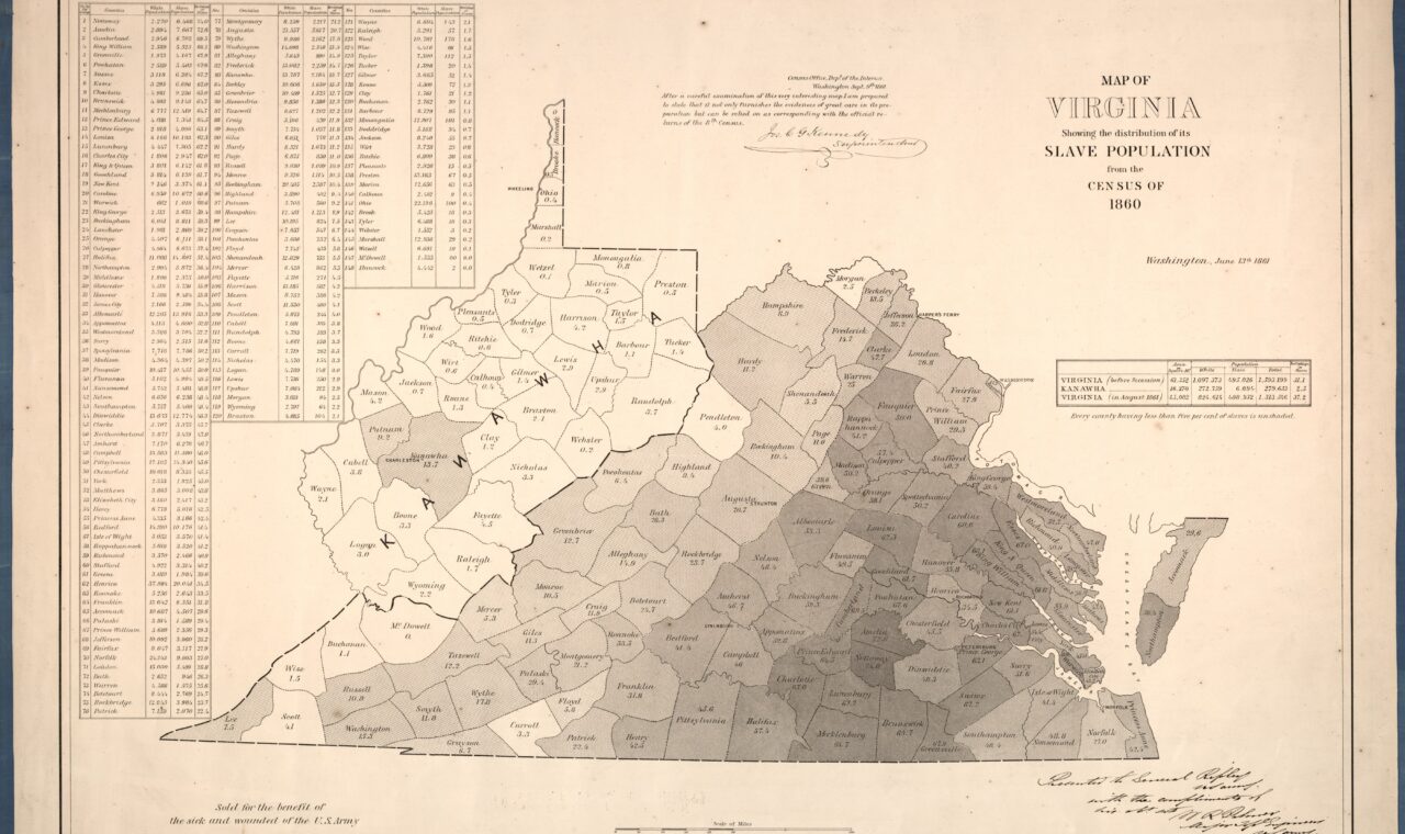 Historical map of Virginia showing the distribution of enslaved people using the 1860 census.