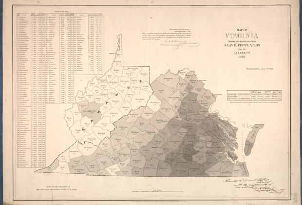 Historical map of Virginia showing the distribution of enslaved people using the 1860 census.