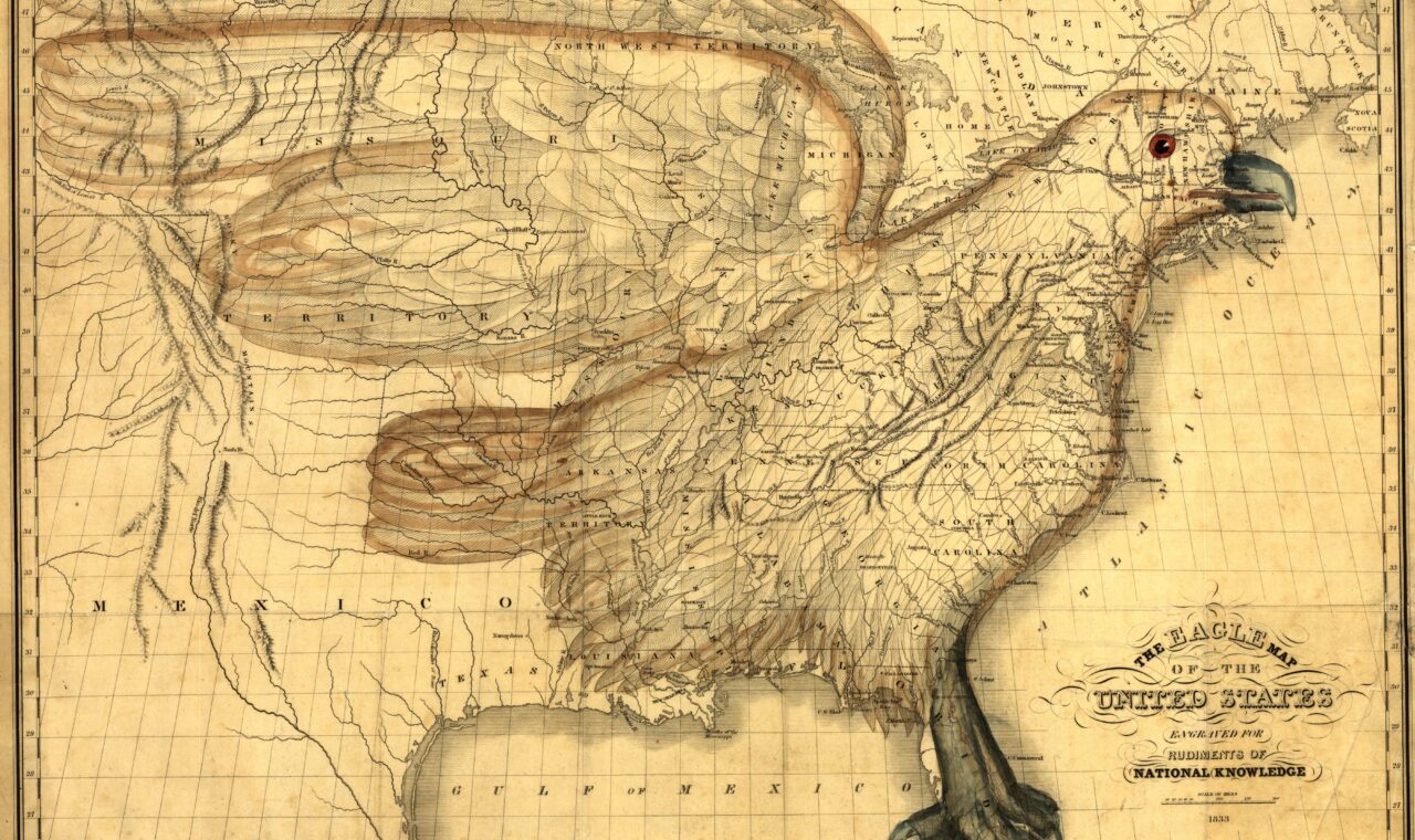 Historical map of the United States incorporating the figure of an eagle.