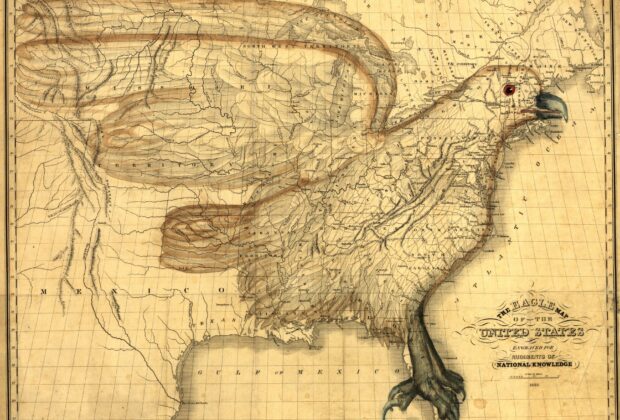 Historical map of the United States incorporating the figure of an eagle.