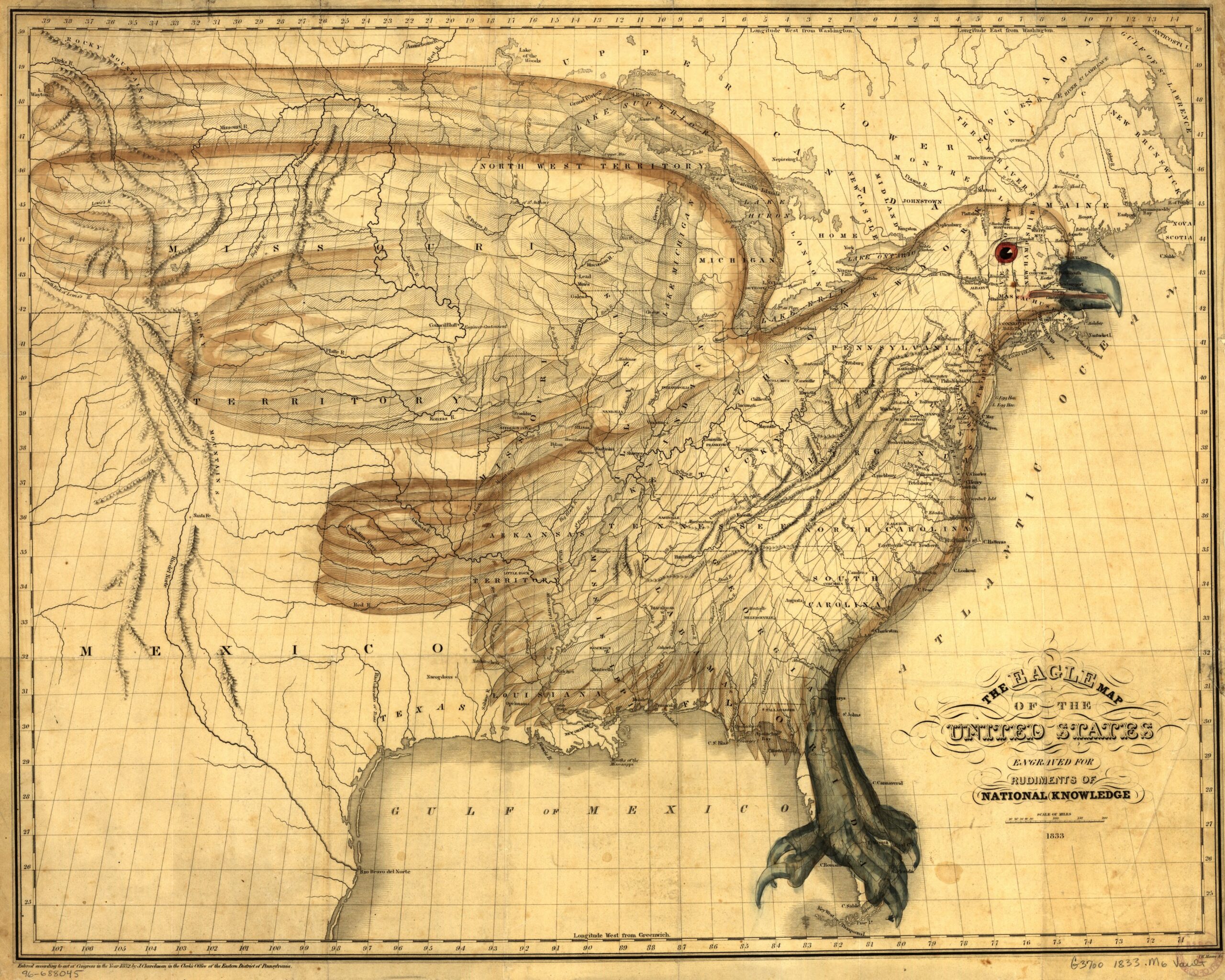 Historical map of the United States incorporating the figure of an eagle.